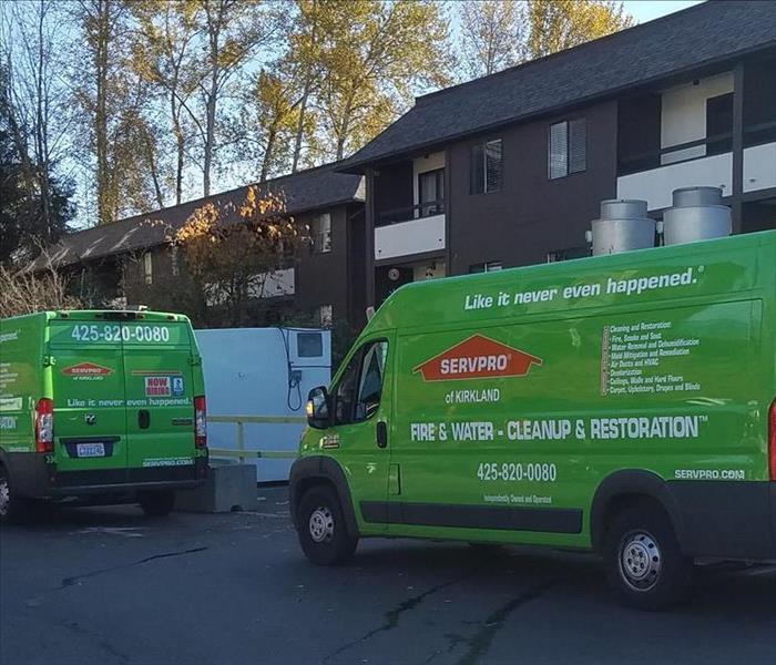 Commercial Loss - image of green SERVPRO vehicles parked